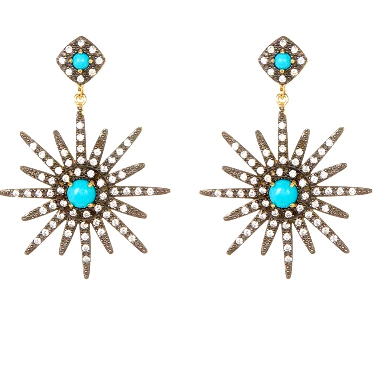 14k Gold Plated Turquoise  Swarovski Crystal Starburst Earrings Unique